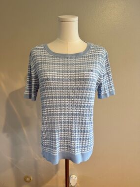 Tommy Hilfiger 100% Cotton Light Blue and White Short Sleeve Cable Knit Top